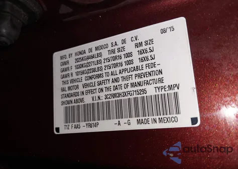 2015 Honda Cr-V Lx из США, поврежденный, VIN 3CZRM3H3XFG715295